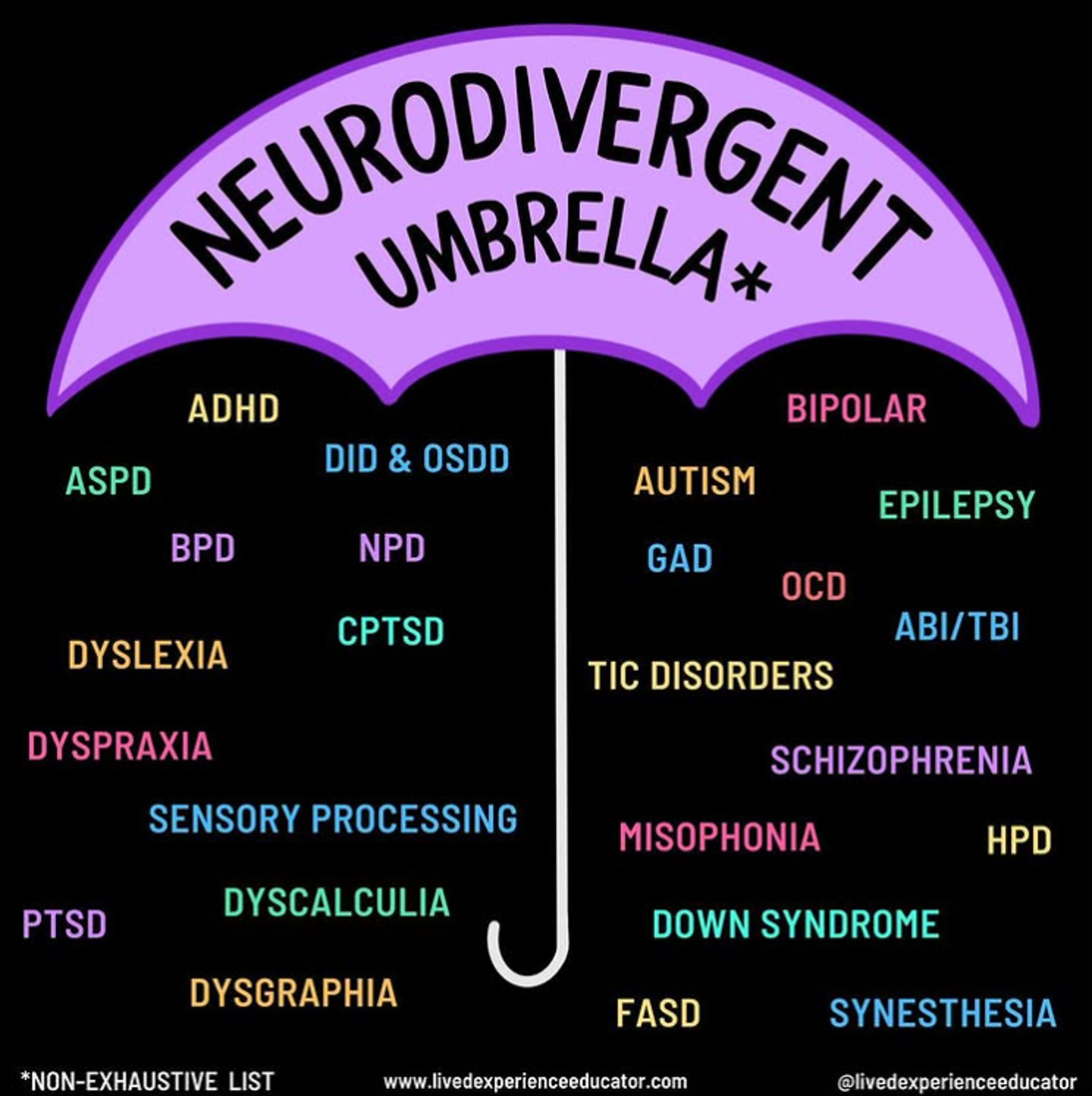 Purple umbrella covering a non-exhaustive list of types of neurodivergence